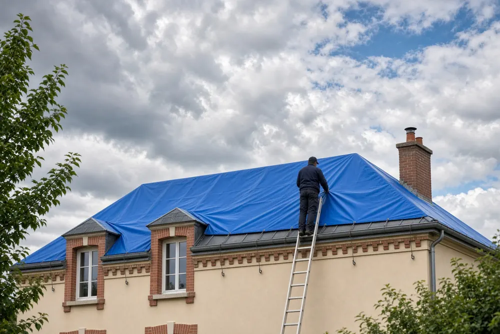 Toit protégé par une bâche bleue après une tempête
