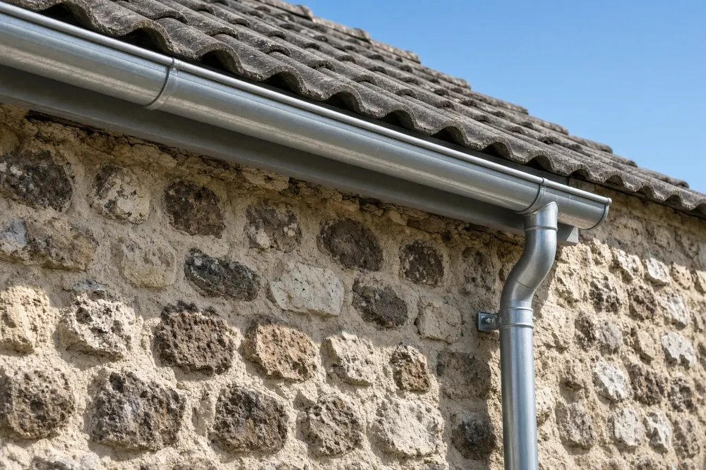 Gouttière et descente en zinc neuves sur une maison en meulière
