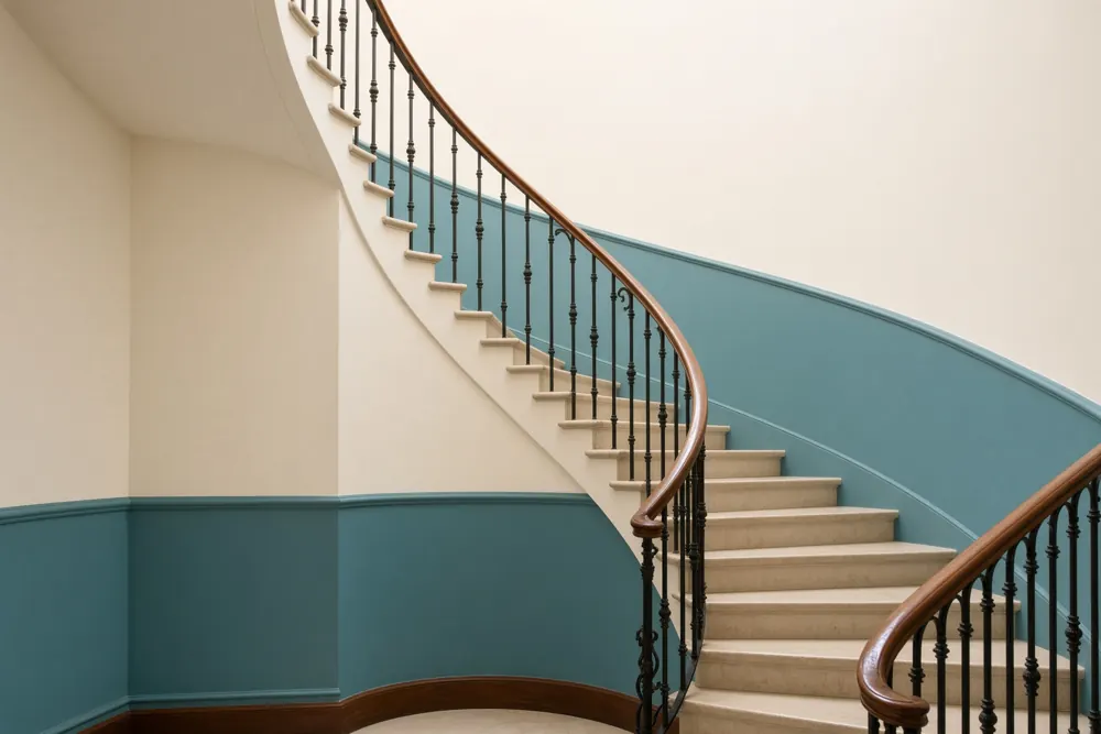 Cage d’escalier repeinte avec soubassement bleu canard