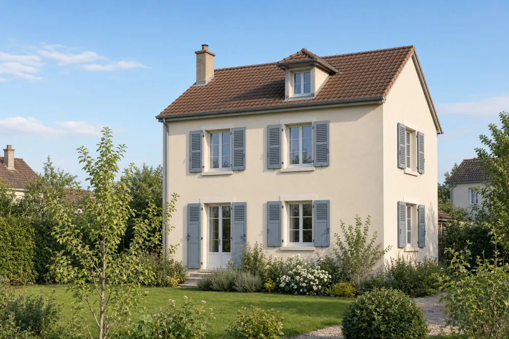 Façade de pavillon ravalée, enduit clair et volets bleu-gris