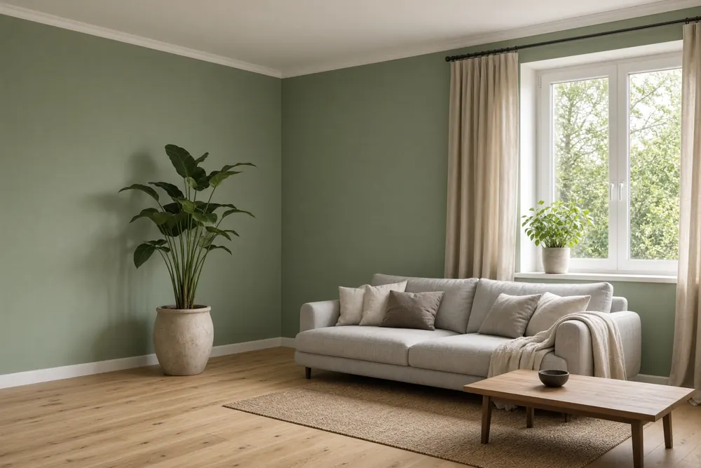 Salon repeint en vert sauge